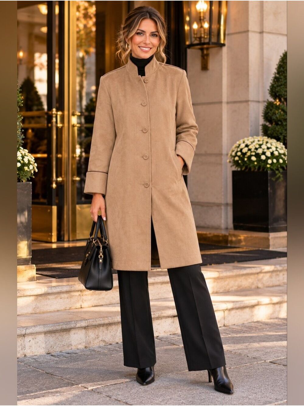 Vintage 80s Forecaster of Boston Camel Duster Coat Mandarin Collar Minimalist - Picture 2 of 11